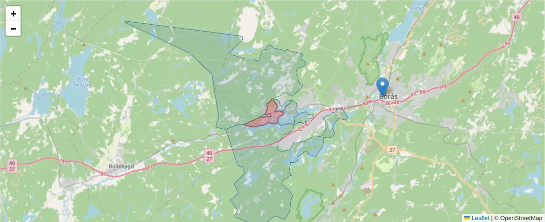 Karta över postnummerområdet  och angränsande postnummer i Sverige