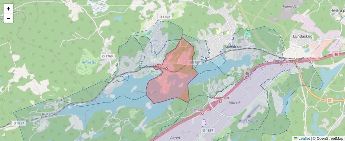 Karta över postnummerområdet  och angränsande postnummer i Sverige
