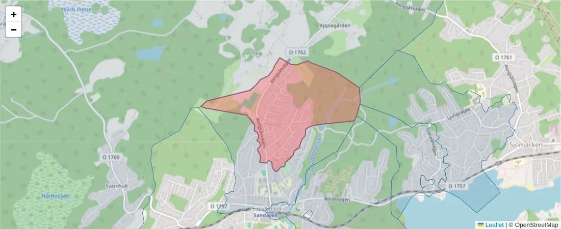 Karta över postnummerområdet  och angränsande postnummer i Sverige