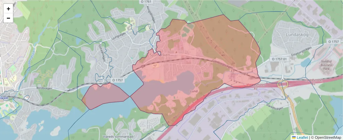 Karta över postnummerområdet  och angränsande postnummer i Sverige
