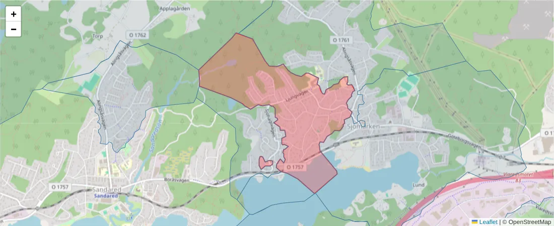 Karta över postnummerområdet  och angränsande postnummer i Sverige