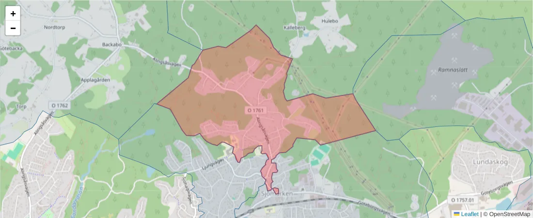 Karta över postnummerområdet  och angränsande postnummer i Sverige