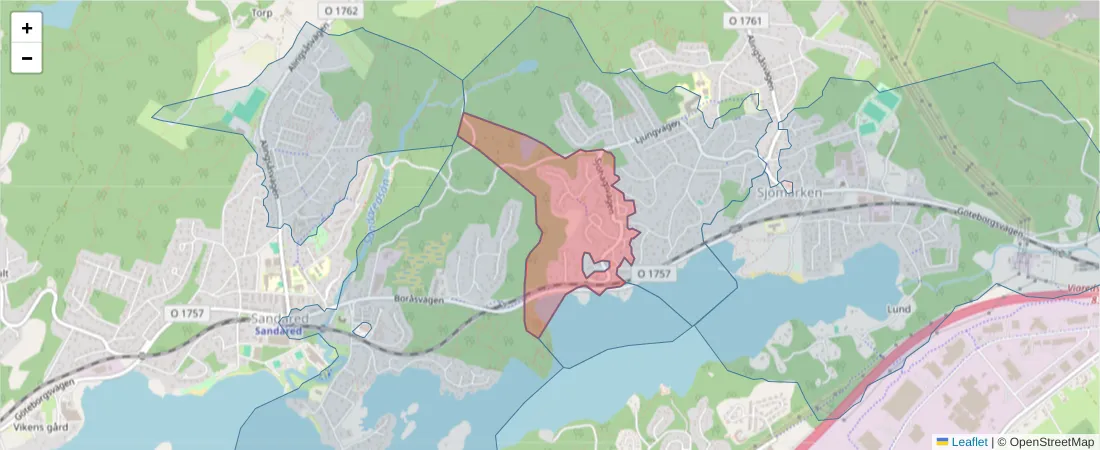 Karta över postnummerområdet  och angränsande postnummer i Sverige