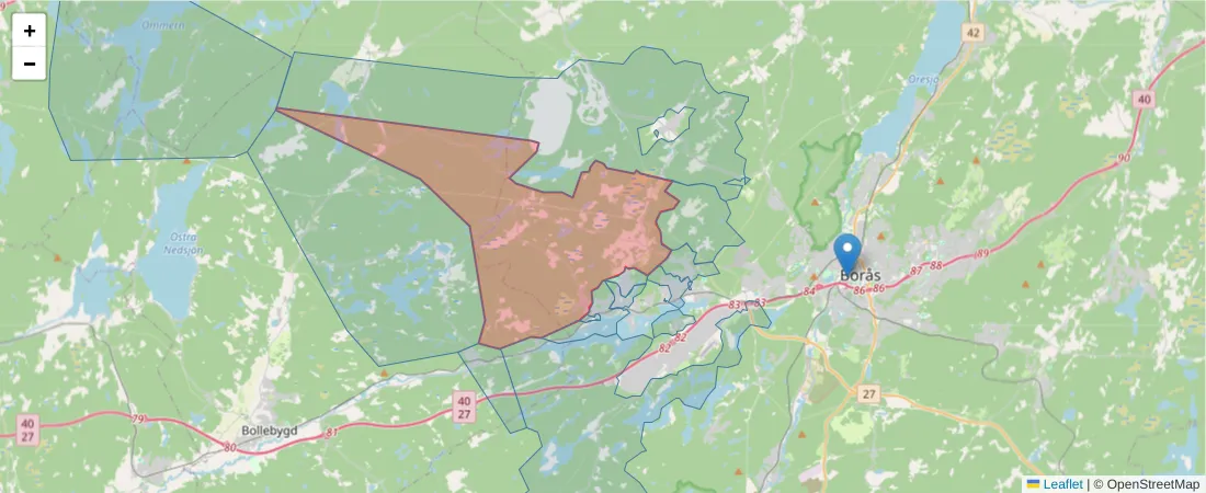 Karta över postnummerområdet  och angränsande postnummer i Sverige