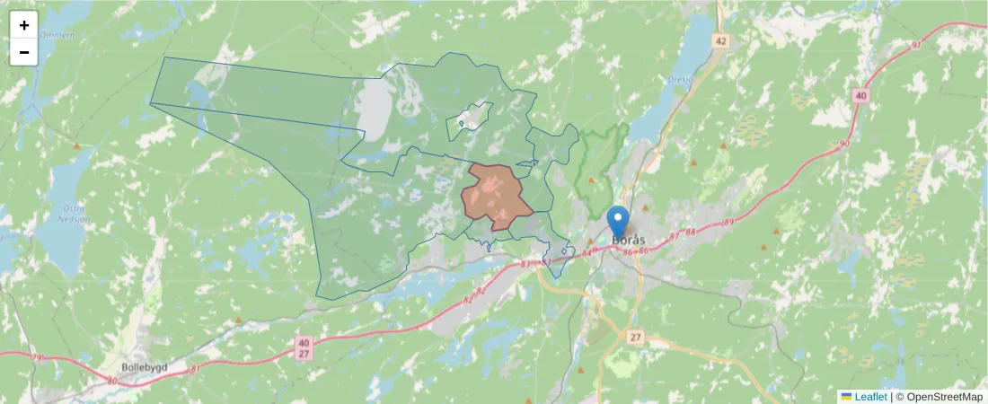 Karta över postnummerområdet  och angränsande postnummer i Sverige