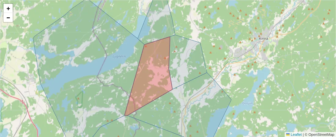 Karta över postnummerområdet  och angränsande postnummer i Sverige