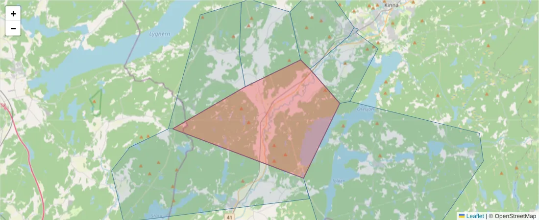 Karta över postnummerområdet  och angränsande postnummer i Sverige