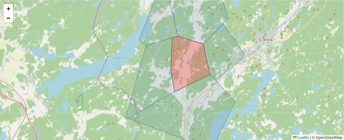Karta över postnummerområdet  och angränsande postnummer i Sverige
