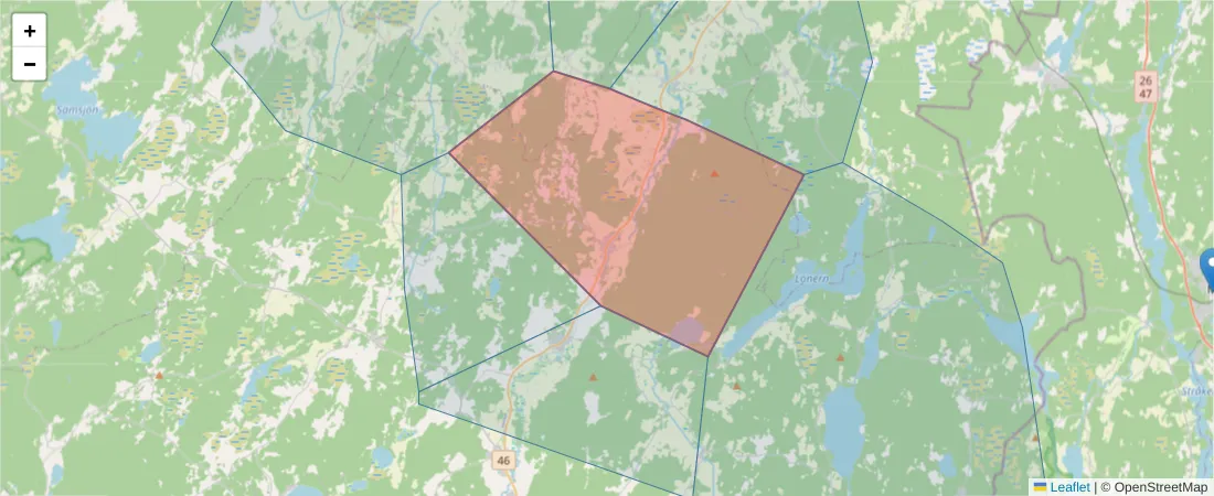 Karta över postnummerområdet  och angränsande postnummer i Sverige