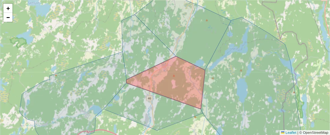 Karta över postnummerområdet  och angränsande postnummer i Sverige