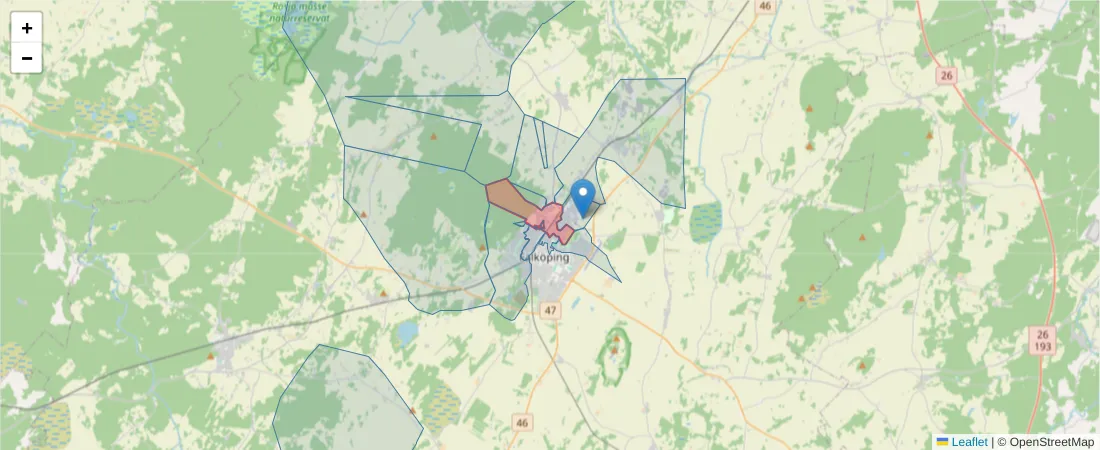 Karta över postnummerområdet  och angränsande postnummer i Sverige