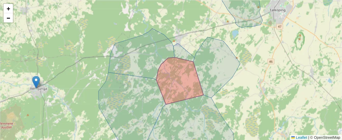 Karta över postnummerområdet  och angränsande postnummer i Sverige