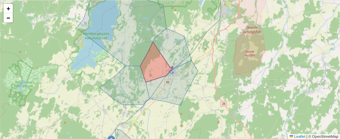 Karta över postnummerområdet  och angränsande postnummer i Sverige