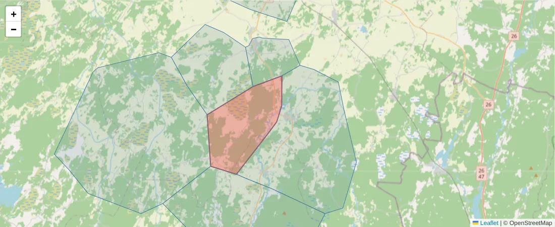 Karta över postnummerområdet  och angränsande postnummer i Sverige
