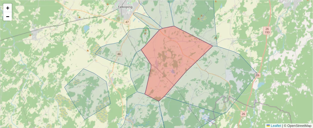 Karta över postnummerområdet  och angränsande postnummer i Sverige