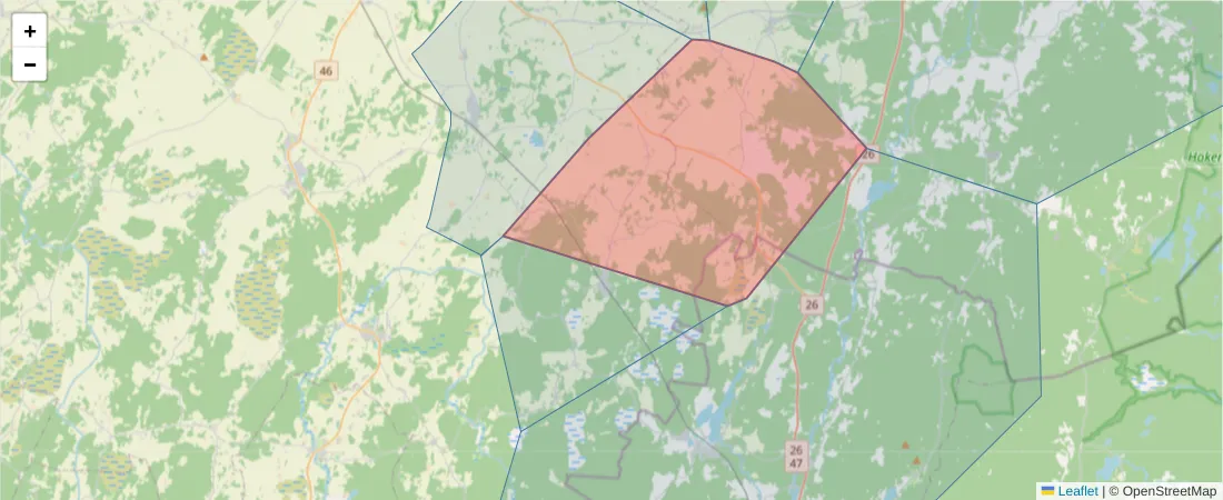 Karta över postnummerområdet  och angränsande postnummer i Sverige