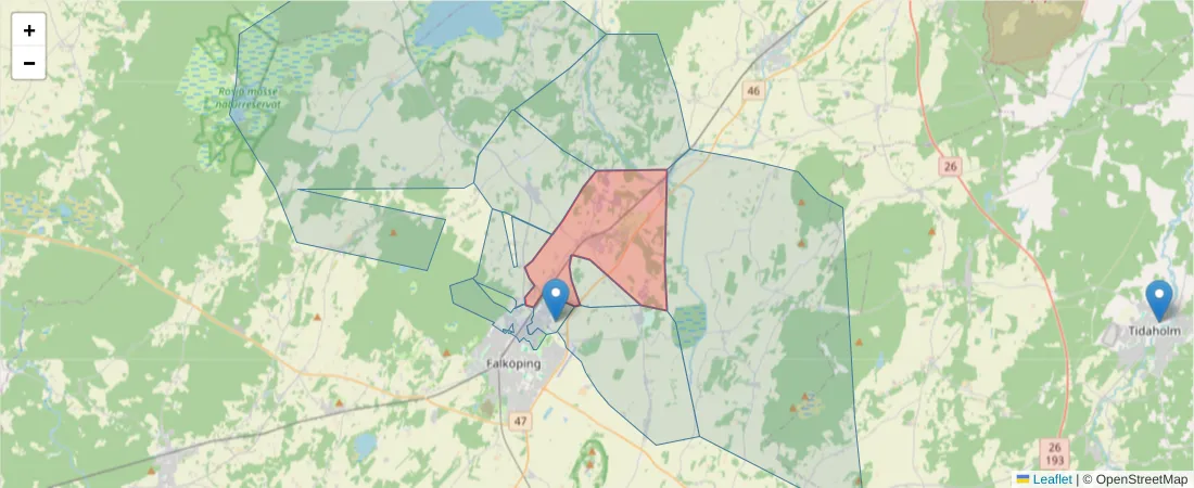 Karta över postnummerområdet  och angränsande postnummer i Sverige