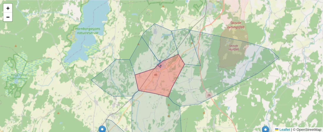 Karta över postnummerområdet  och angränsande postnummer i Sverige