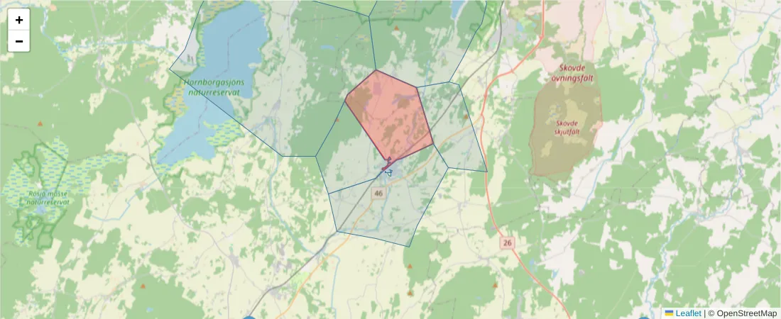 Karta över postnummerområdet  och angränsande postnummer i Sverige
