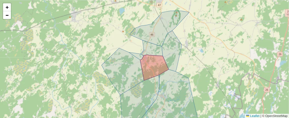 Karta över postnummerområdet  och angränsande postnummer i Sverige
