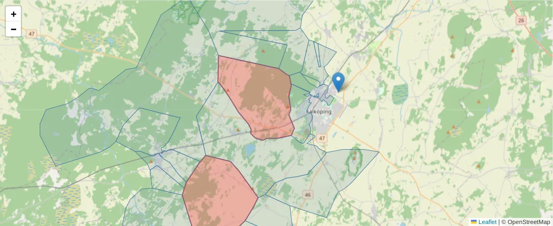 Karta över postnummerområdet  och angränsande postnummer i Sverige