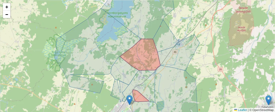 Karta över postnummerområdet  och angränsande postnummer i Sverige