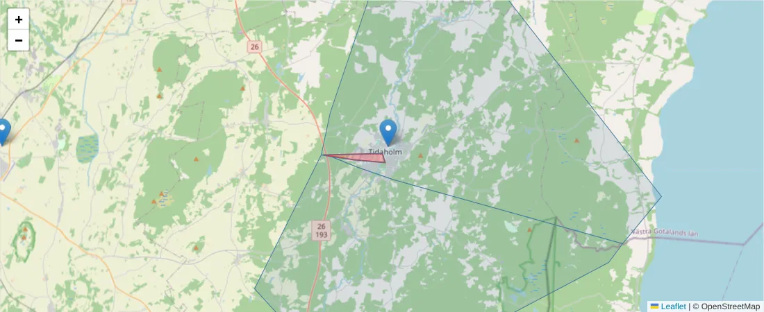 Karta över postnummerområdet  och angränsande postnummer i Sverige