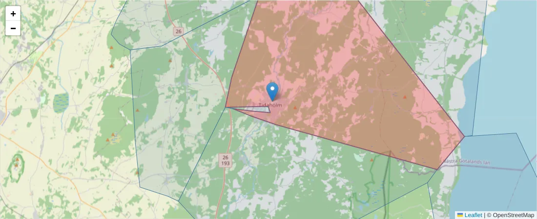 Karta över postnummerområdet  och angränsande postnummer i Sverige
