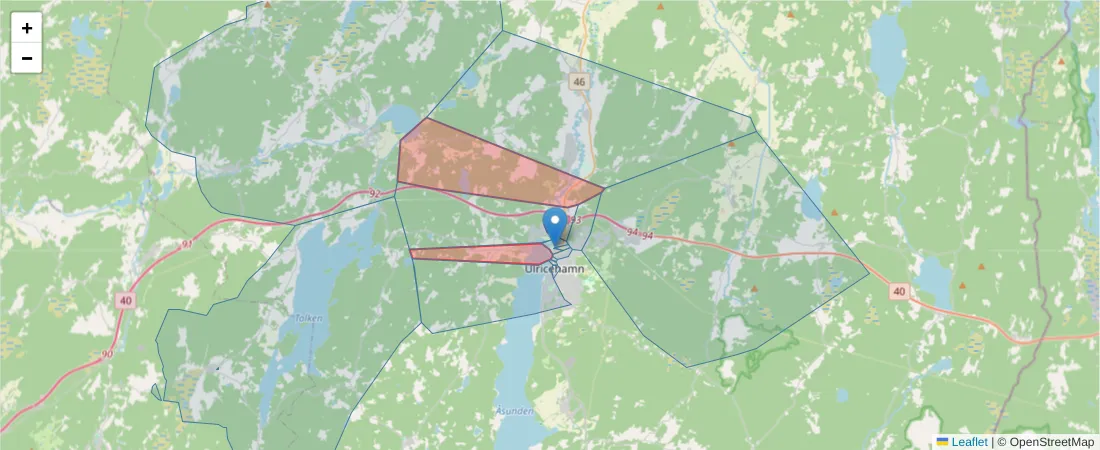 Karta över postnummerområdet  och angränsande postnummer i Sverige