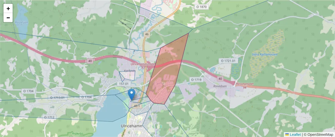 Karta över postnummerområdet  och angränsande postnummer i Sverige