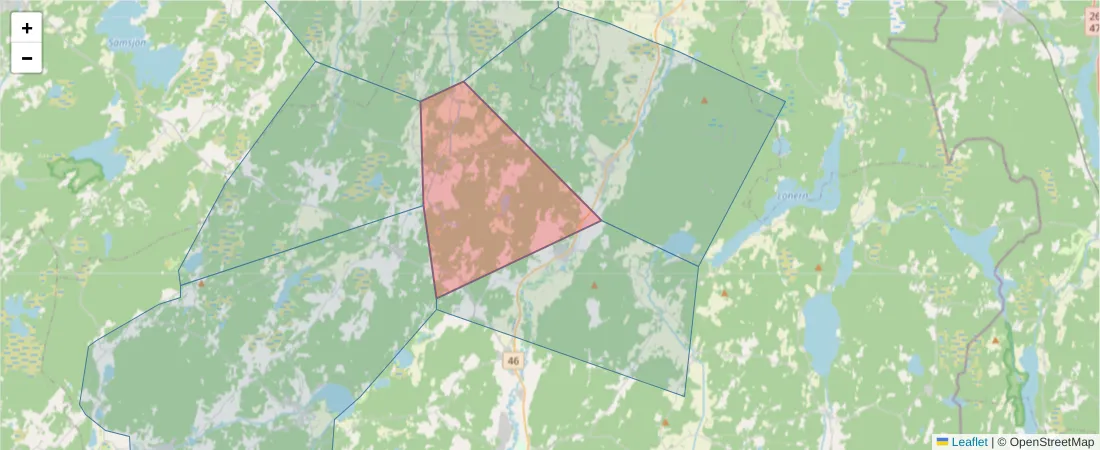 Karta över postnummerområdet  och angränsande postnummer i Sverige