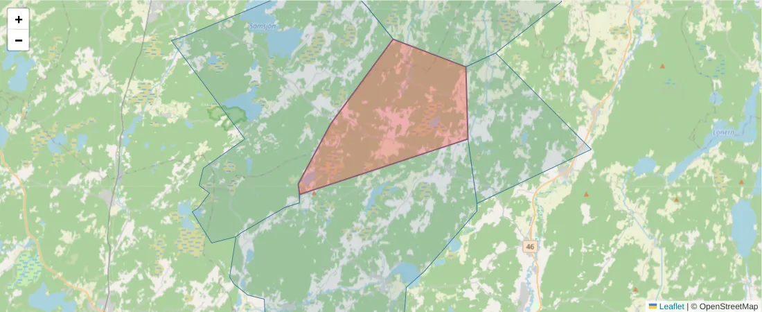 Karta över postnummerområdet  och angränsande postnummer i Sverige