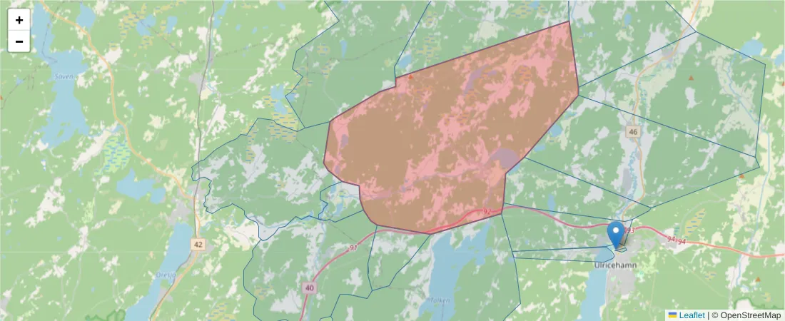 Karta över postnummerområdet  och angränsande postnummer i Sverige