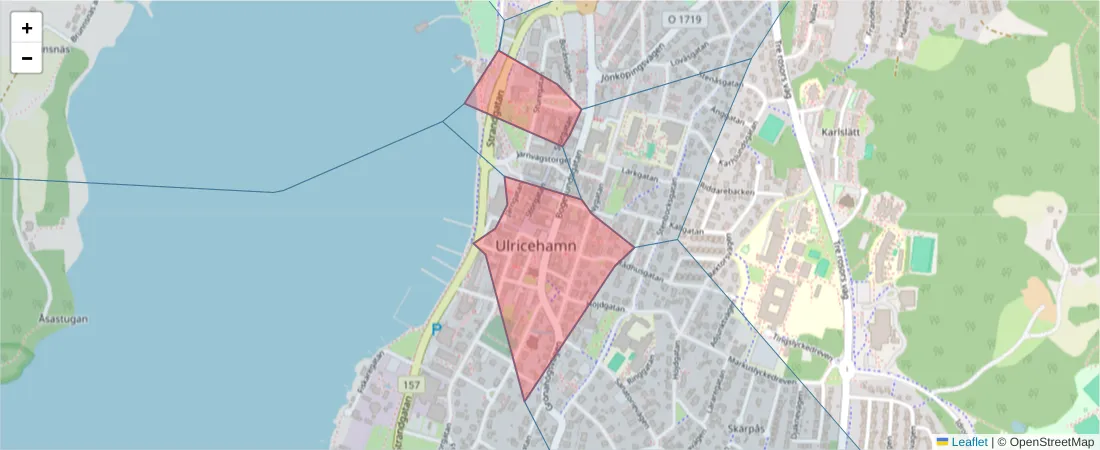 Karta över postnummerområdet  och angränsande postnummer i Sverige