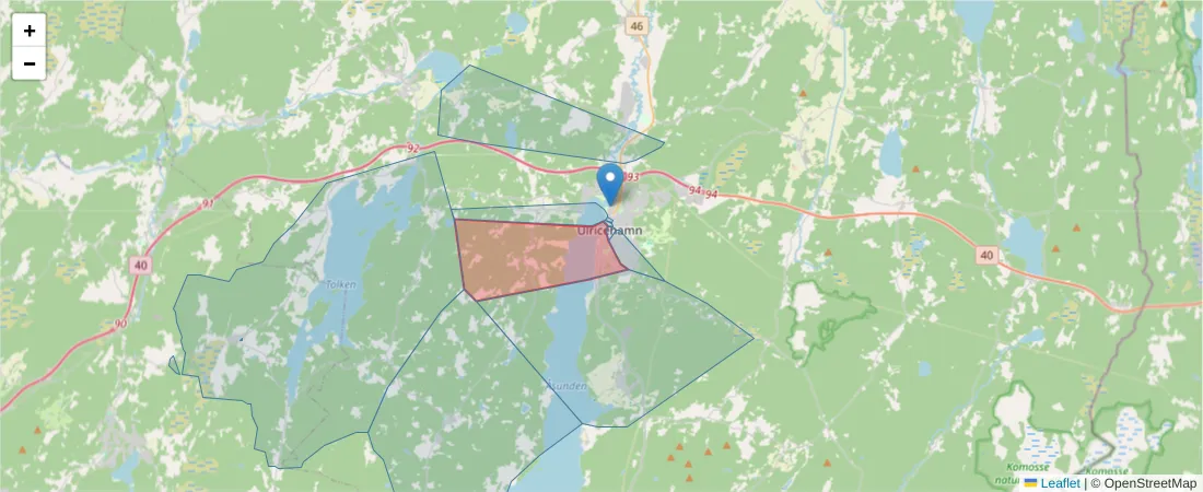 Karta över postnummerområdet  och angränsande postnummer i Sverige