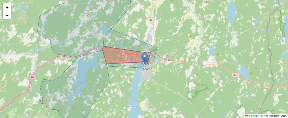 Karta över postnummerområdet  och angränsande postnummer i Sverige