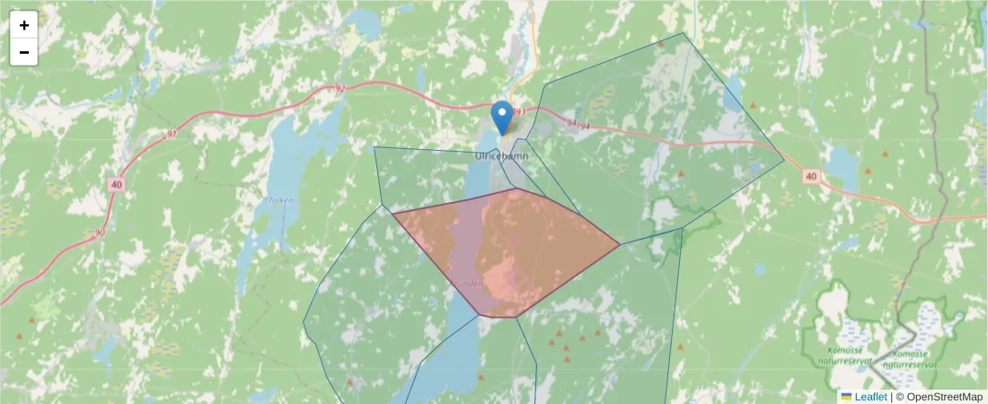 Karta över postnummerområdet  och angränsande postnummer i Sverige