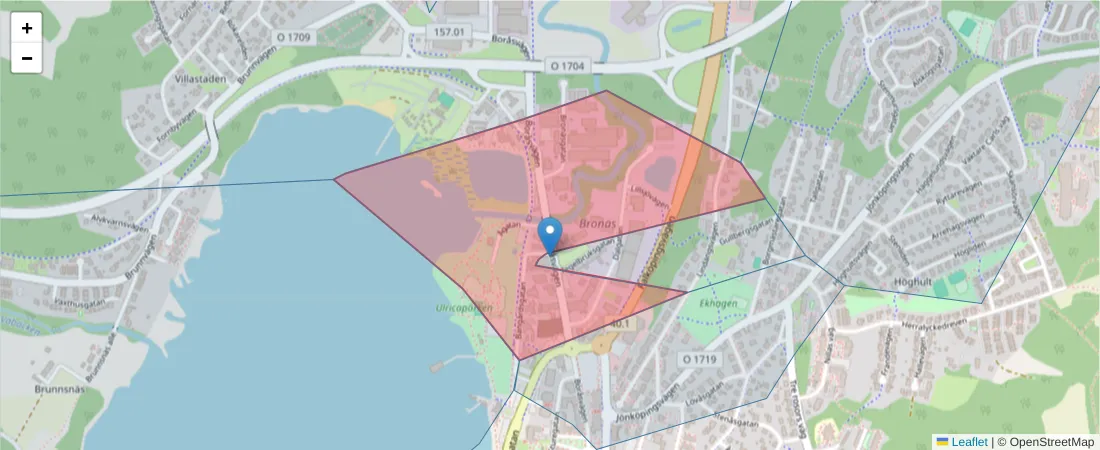 Karta över postnummerområdet  och angränsande postnummer i Sverige