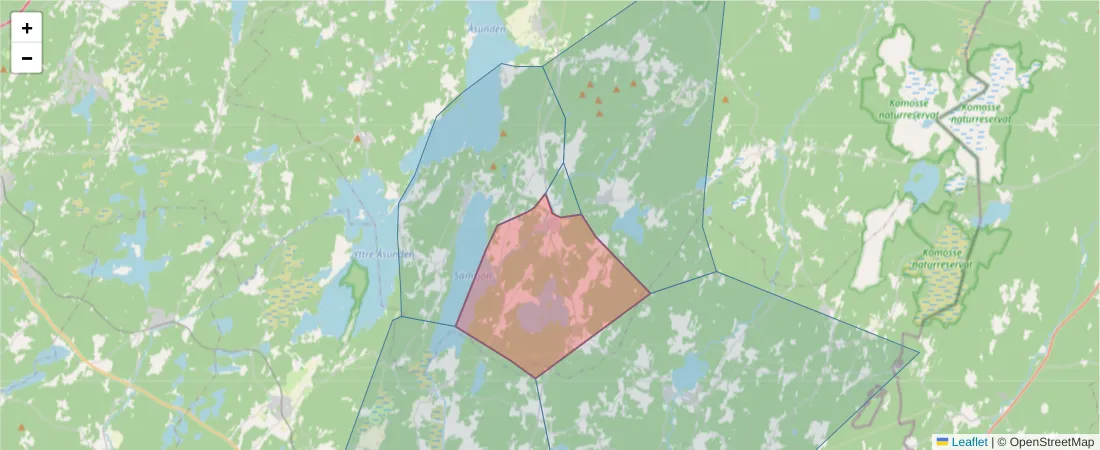 Karta över postnummerområdet  och angränsande postnummer i Sverige