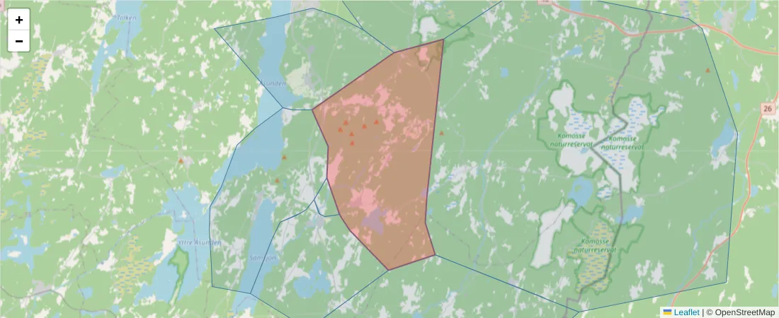Karta över postnummerområdet  och angränsande postnummer i Sverige
