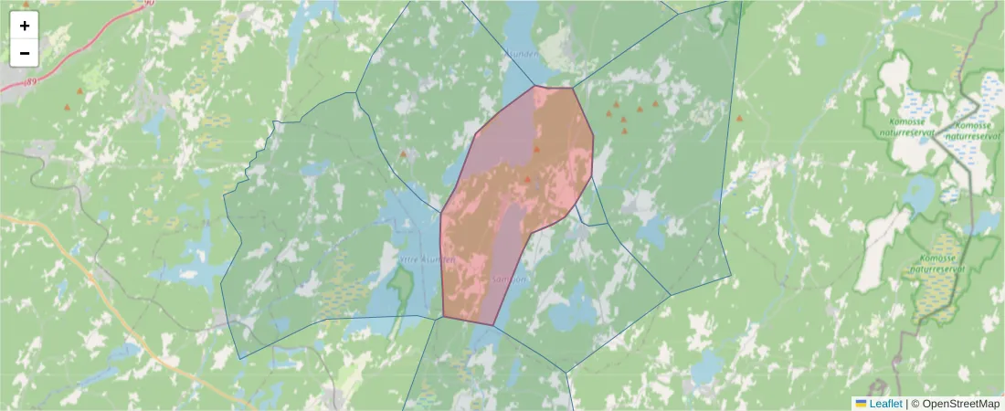 Karta över postnummerområdet  och angränsande postnummer i Sverige