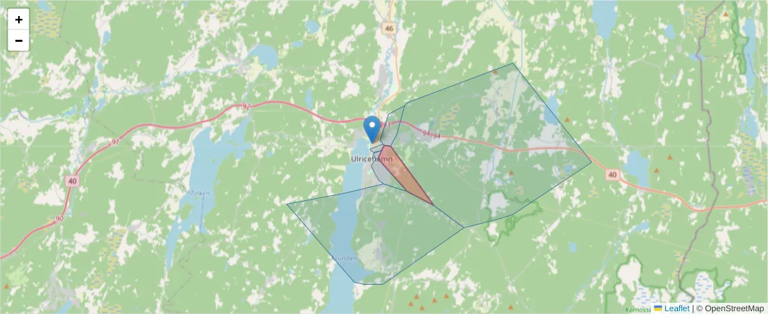 Karta över postnummerområdet  och angränsande postnummer i Sverige