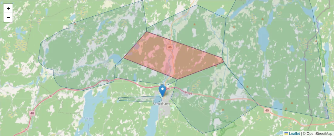 Karta över postnummerområdet  och angränsande postnummer i Sverige