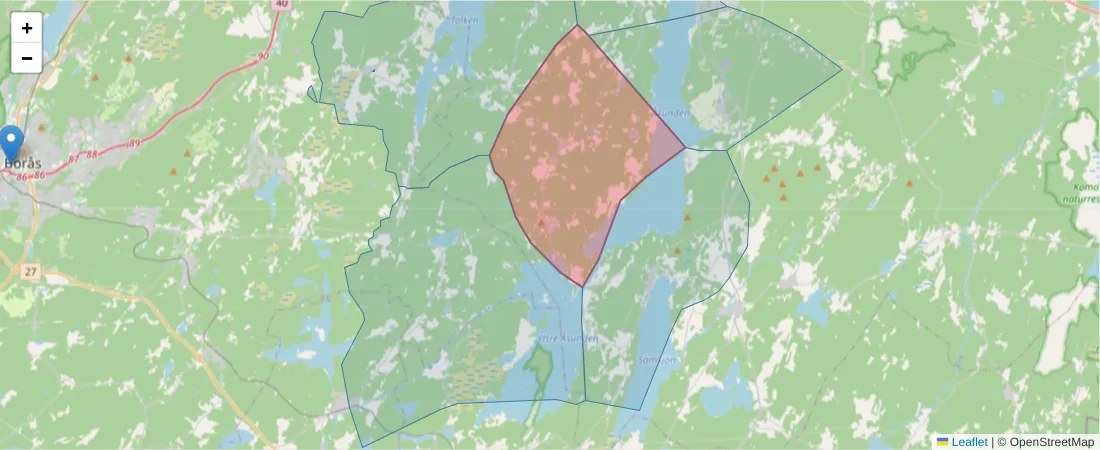 Karta över postnummerområdet  och angränsande postnummer i Sverige