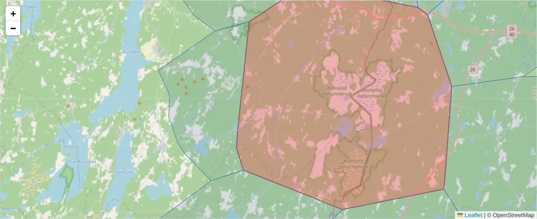 Karta över postnummerområdet  och angränsande postnummer i Sverige