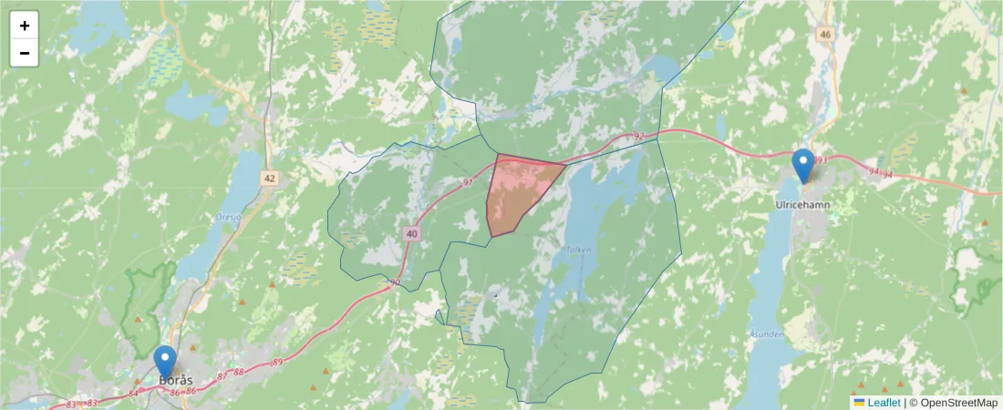 Karta över postnummerområdet  och angränsande postnummer i Sverige