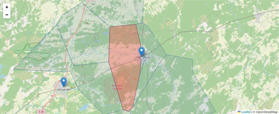 Karta över postnummerområdet  och angränsande postnummer i Sverige