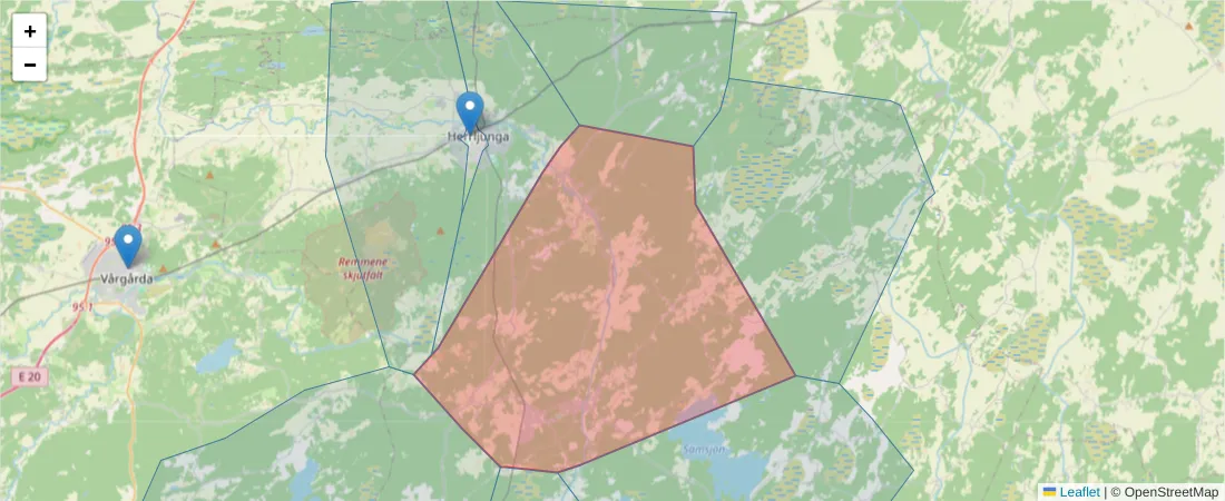 Karta över postnummerområdet  och angränsande postnummer i Sverige