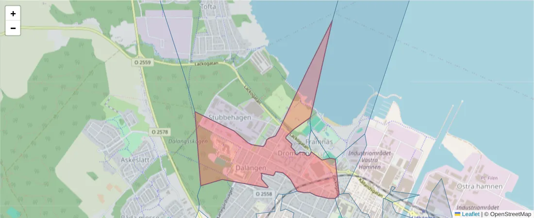 Karta över postnummerområdet  och angränsande postnummer i Sverige
