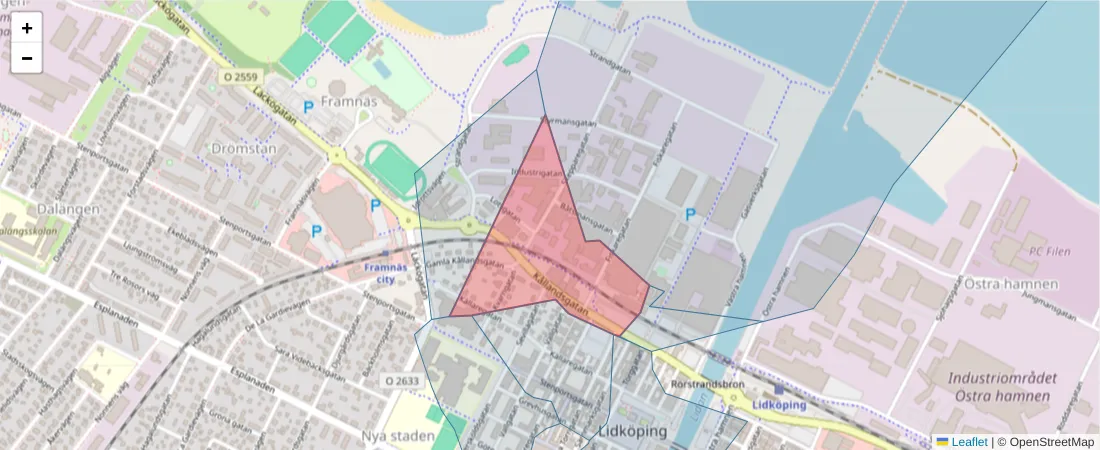 Karta över postnummerområdet  och angränsande postnummer i Sverige